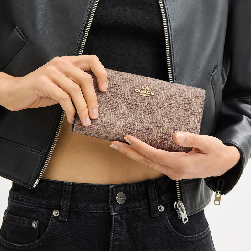 Slim Zip Wallet In Signature Canvas, IM/TAN/BROWN, hi-res image number 3