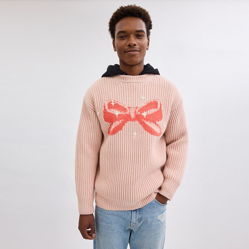 Crewneck Bow Sweater In Recycled Wool, PINK, hi-res image number 4