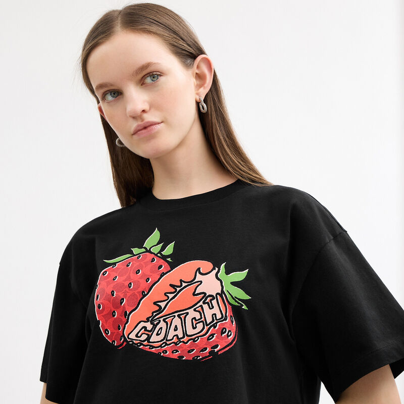 Strawberry Cropped T-Shirt In Organic Cotton, BLACK, hi-res image number 4