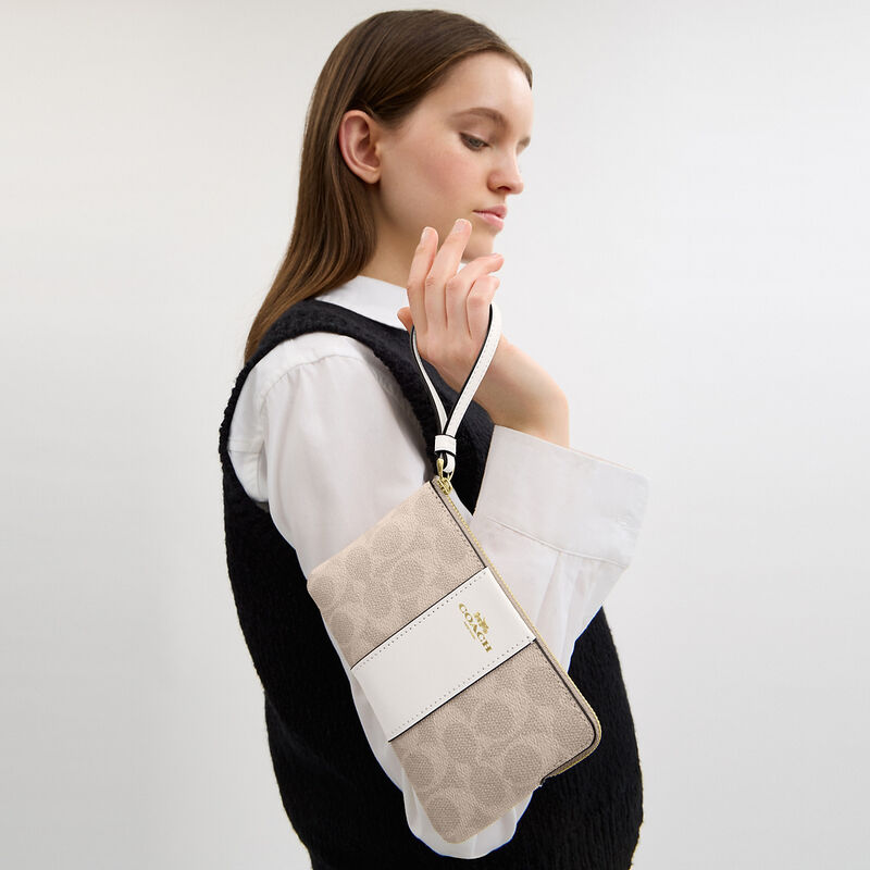 Corner Zip Wristlet In Signature Canvas With Stripe, IM/SAND/CHALK, hi-res image number 3