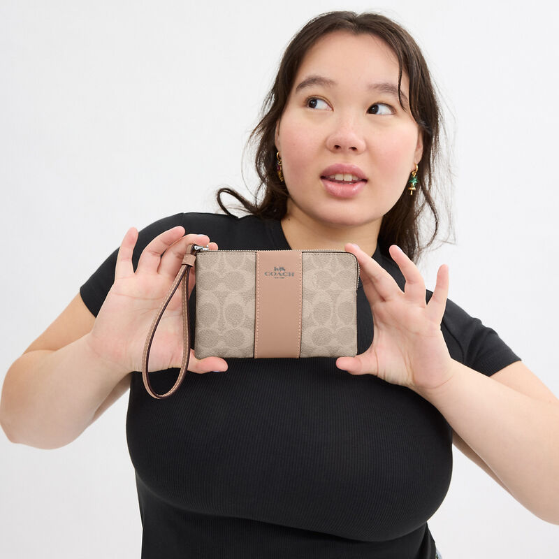 Corner Zip Wristlet In Signature Canvas With Stripe, SV/SAND/TAUPE, hi-res image number 3