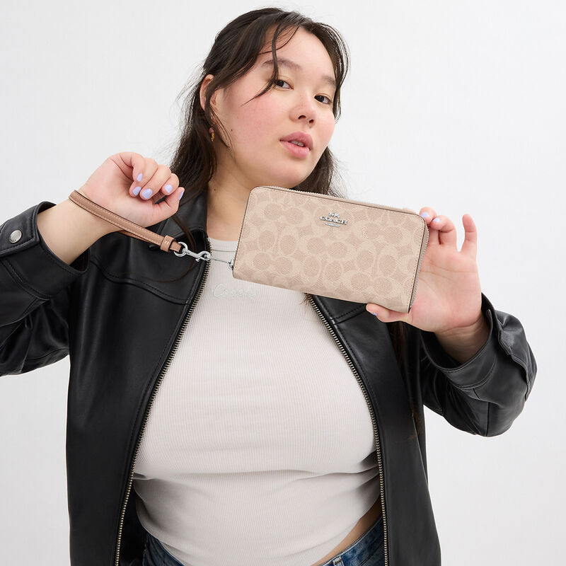 Long Zip Around Wallet In Signature Canvas, SAND/TAUPE, hi-res image number 3