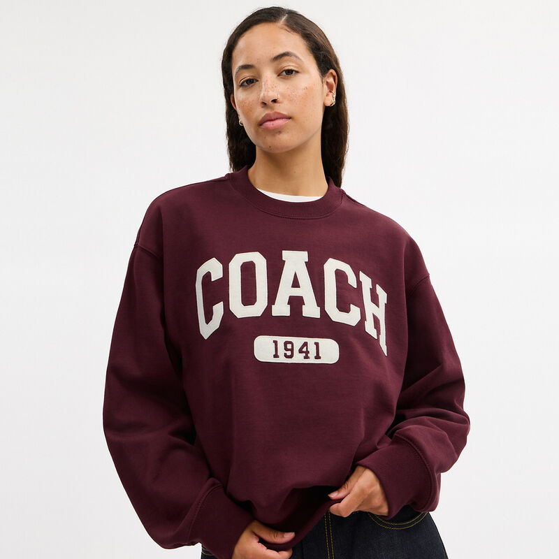 Sporty Signature Boyfriend Crewneck Sweatshirt, BURGUNDY, hi-res image number 4
