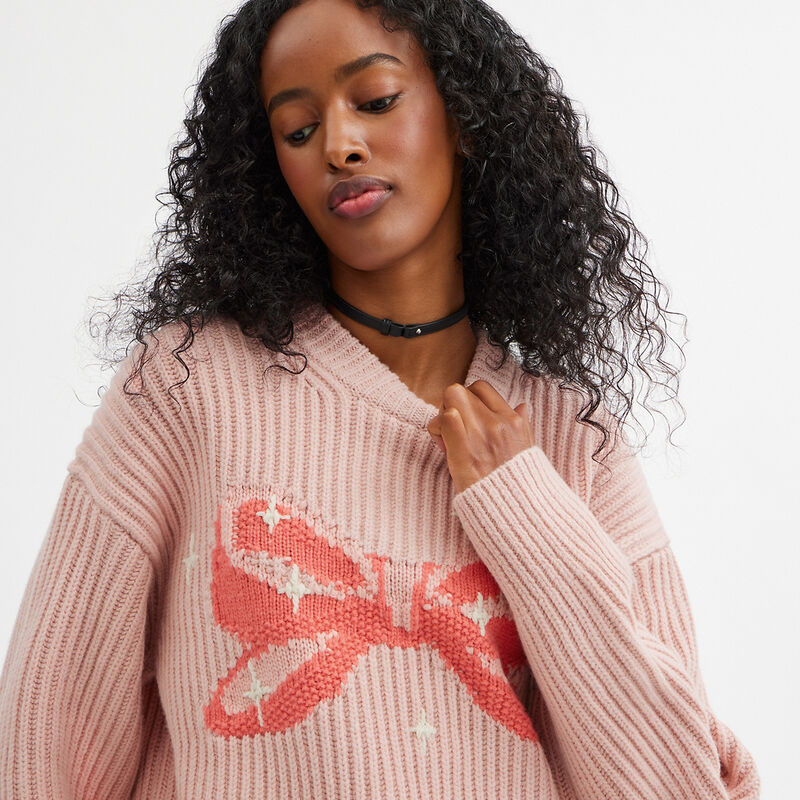 Crewneck Bow Sweater In Recycled Wool, PINK, hi-res image number 6