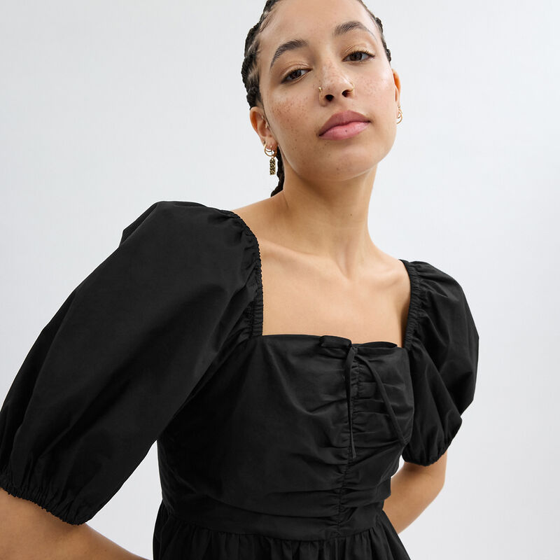 Short Dress With Puff Sleeves In Organic Cotton, BLACK, hi-res image number 5